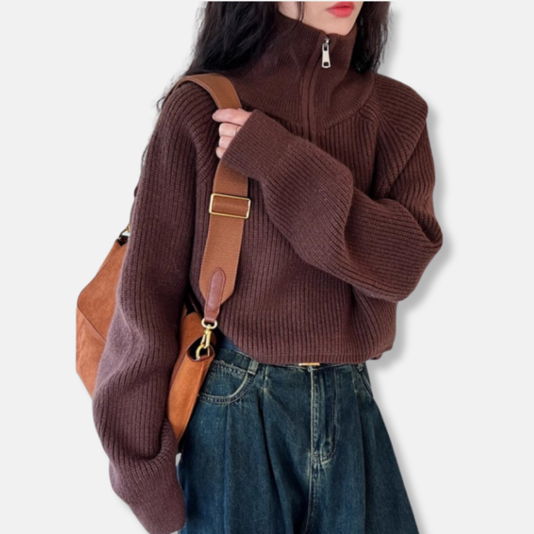 Ladies Pullover Sweater - Ribbed Knit - Cropped - Roll Neck - Long Sleeves