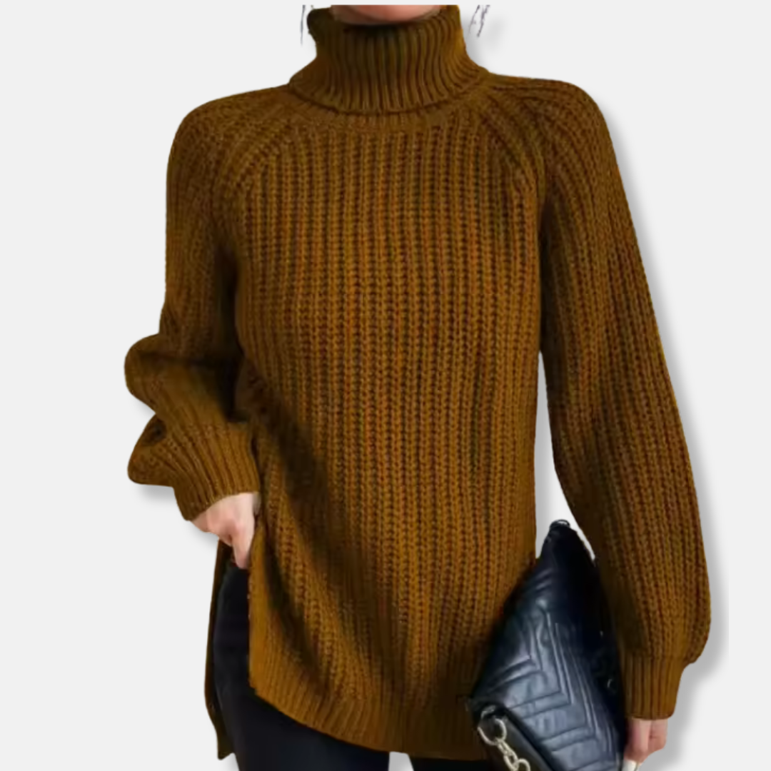 Women's sweater – Oversized fit – Chunky knit – Turtleneck – Raglan sleeves – Split hem