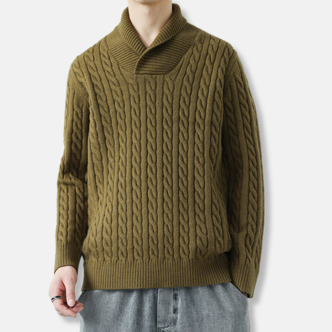 Men's Sweater - Wool Blend - Shawl Collar - Cable Pattern - Ribbed Edges