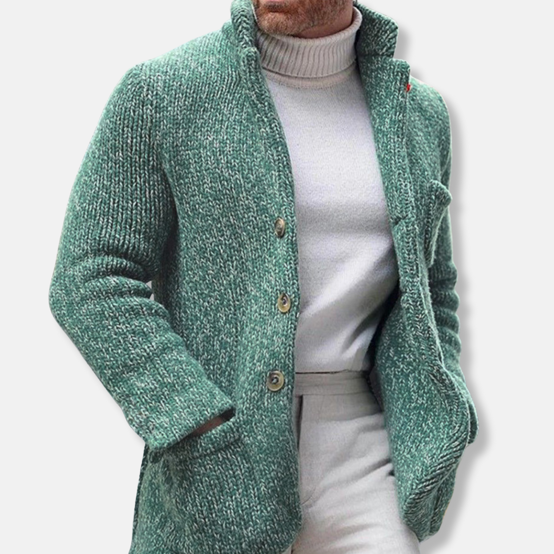 Men's Cardigan – Knitted Wool – Regular Fit – Stand-Up Collar – Patch Pockets