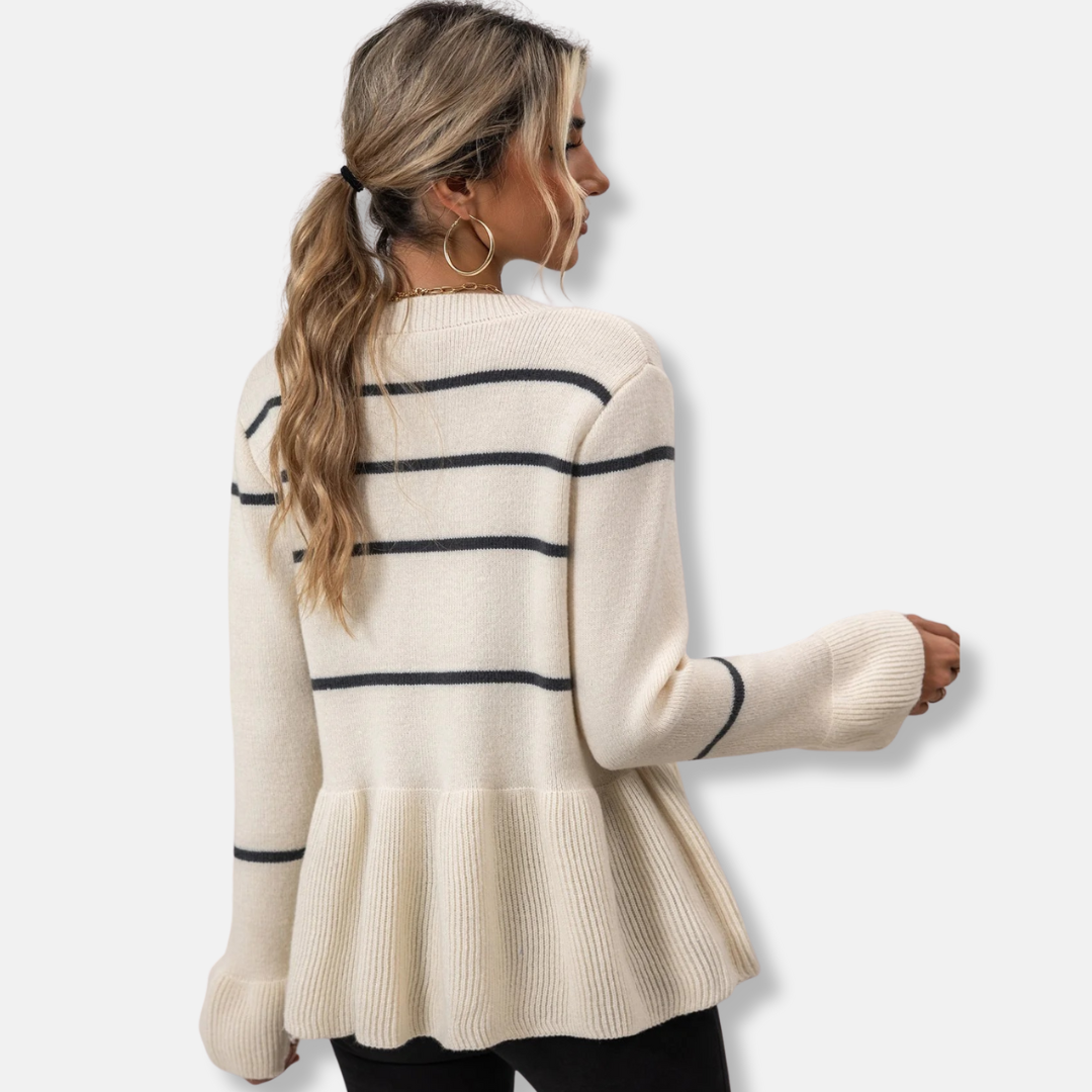 Women's Cardigan – V-neck – Loose-fitting – Knitted – Peplum Hem – Ribbed Edges – Striped
