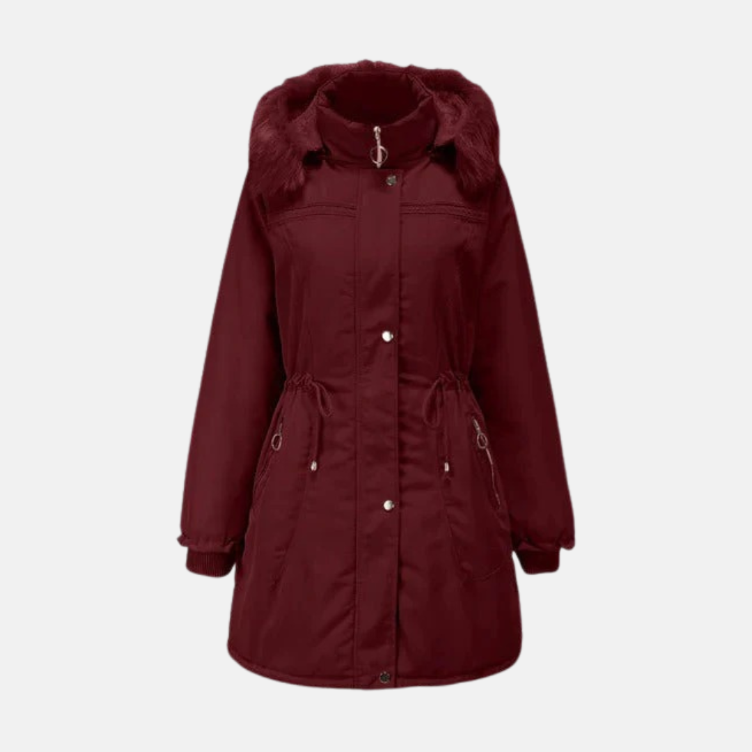 Women's Parka Jacket – Lined – Mid-Length – Drawstring Waist – Hood with Faux Fur – Ribbed Cuffs