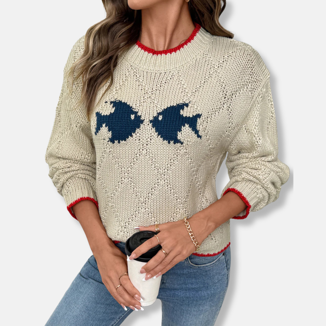 Women's Sweater – Relaxed Fit – Wool Blend – Diamond Pattern – Contrasting Trims