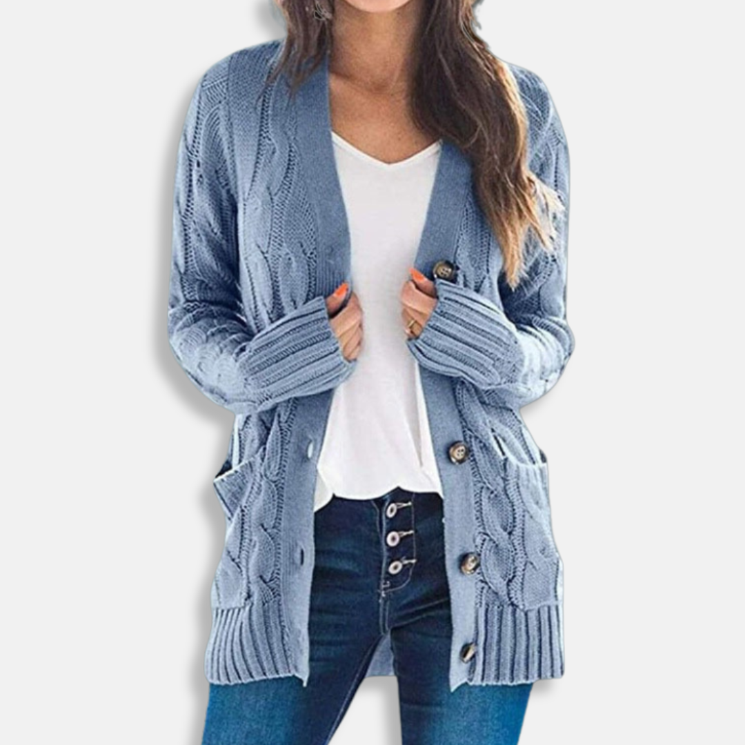 Women's cardigan – Wool knit – Relaxed fit – Mid-length – Button closure – Patch pockets