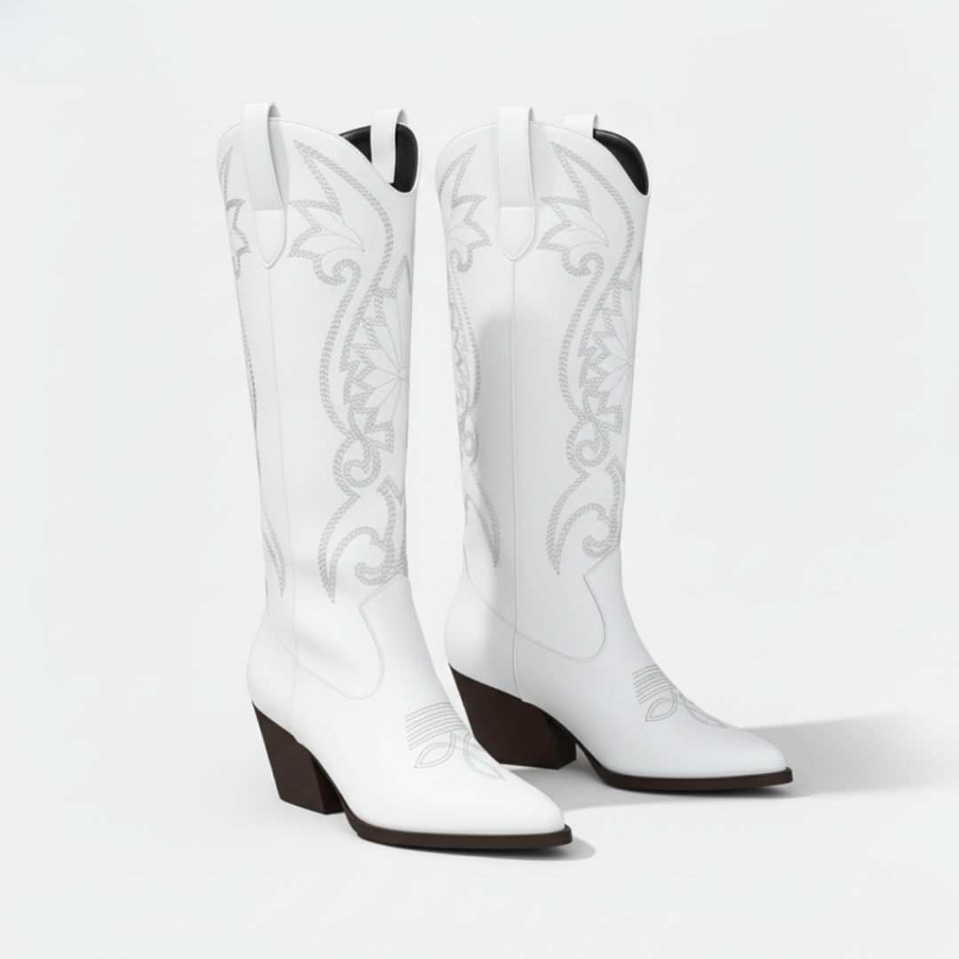 Ladies Knee-High Boots - Faux Leather - Embroidered Western Motif - Pointed Toe