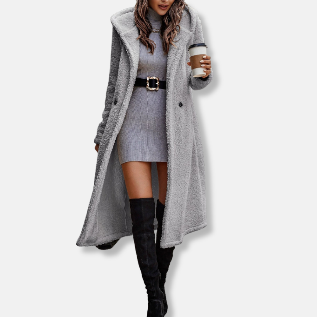 Women's Long Coat – Relaxed Fit – Soft Texture – Hood – Notched Collar – 2-Button Closure