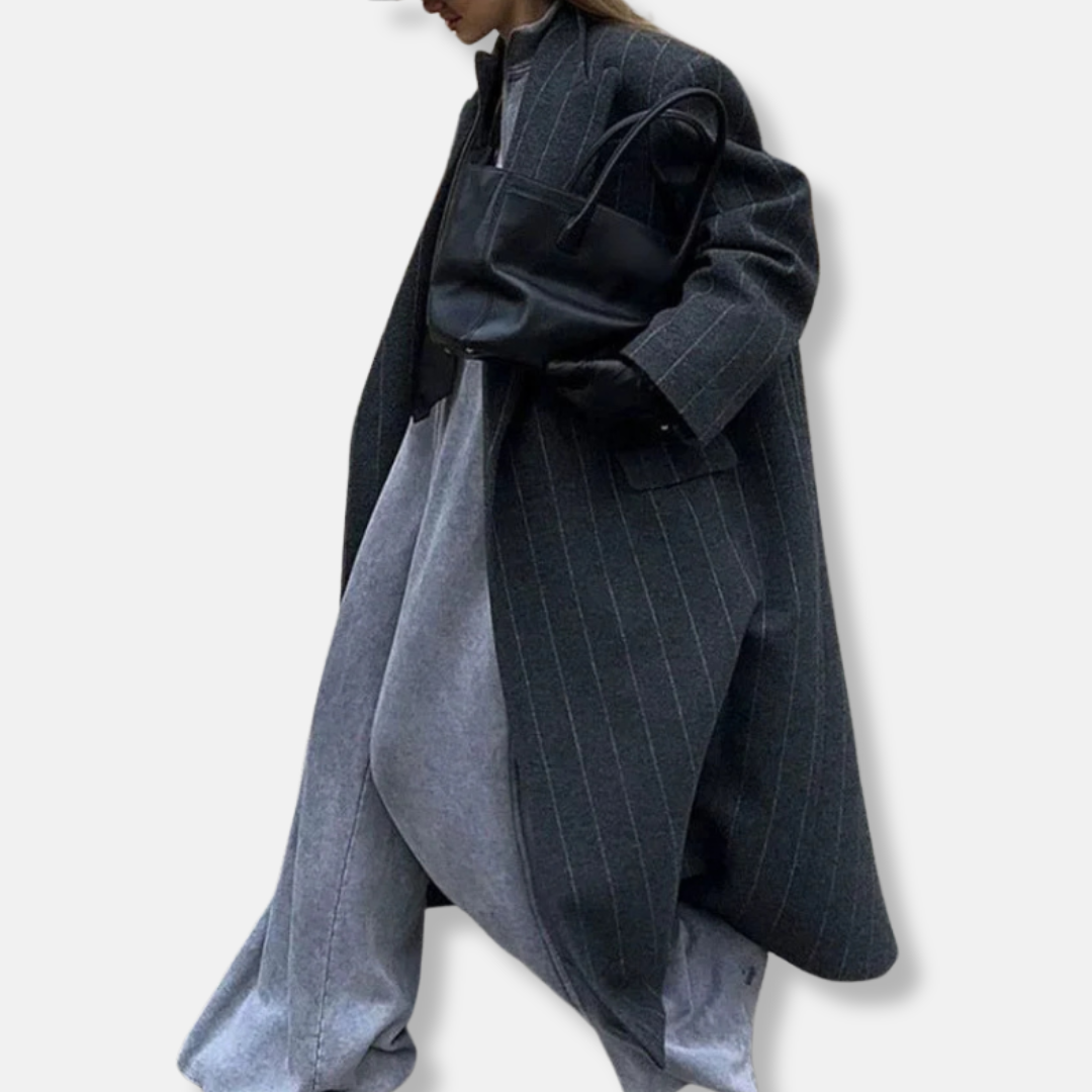 Women's Coat – Oversized Fit – Wool Mix – Pinstripe – Notched Lapel – Flap Pockets
