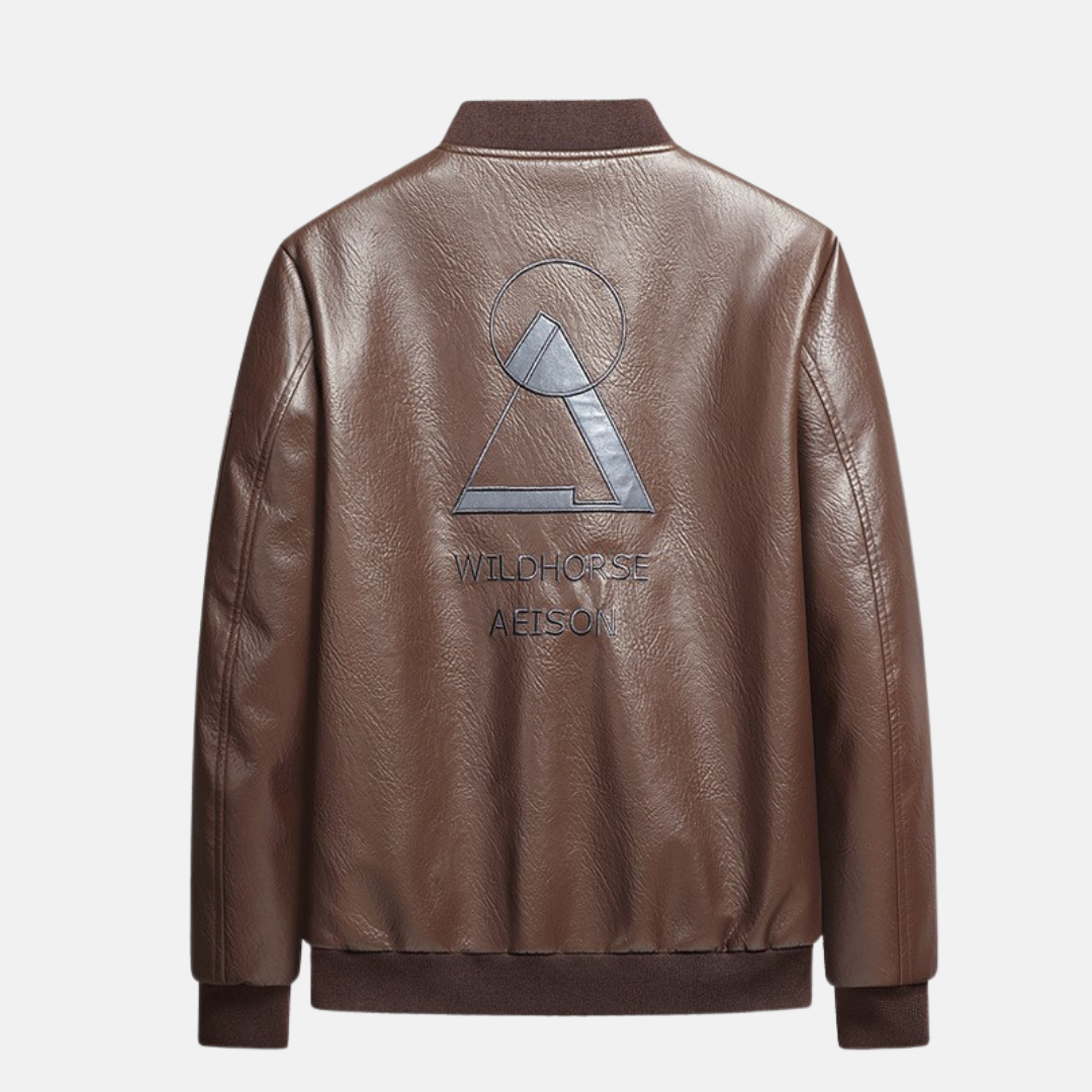 Men's Bomber Jacket – Leather Look – Embroidered Back – Ribbed Cuffs – Zip and Sleeve Pocket