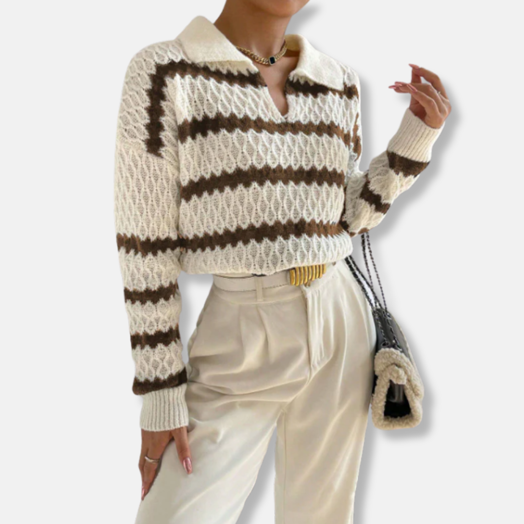 Women's Sweater – Relaxed Fit – Knitted with Stripes – Polo Collar – Ribbed Edges