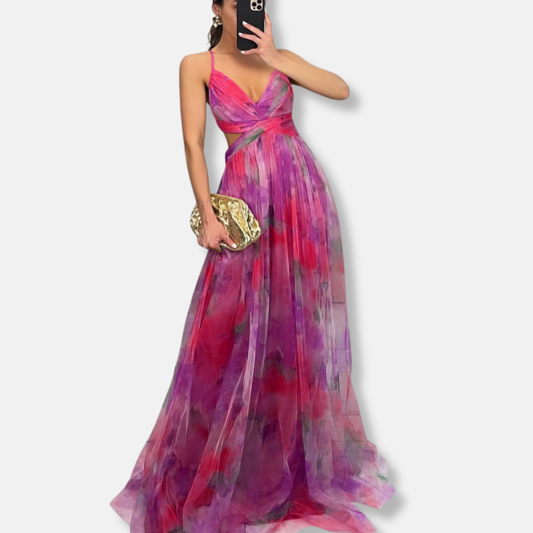 Evening dress for women - Flowing silhouette - V-neck - Bold floral motif