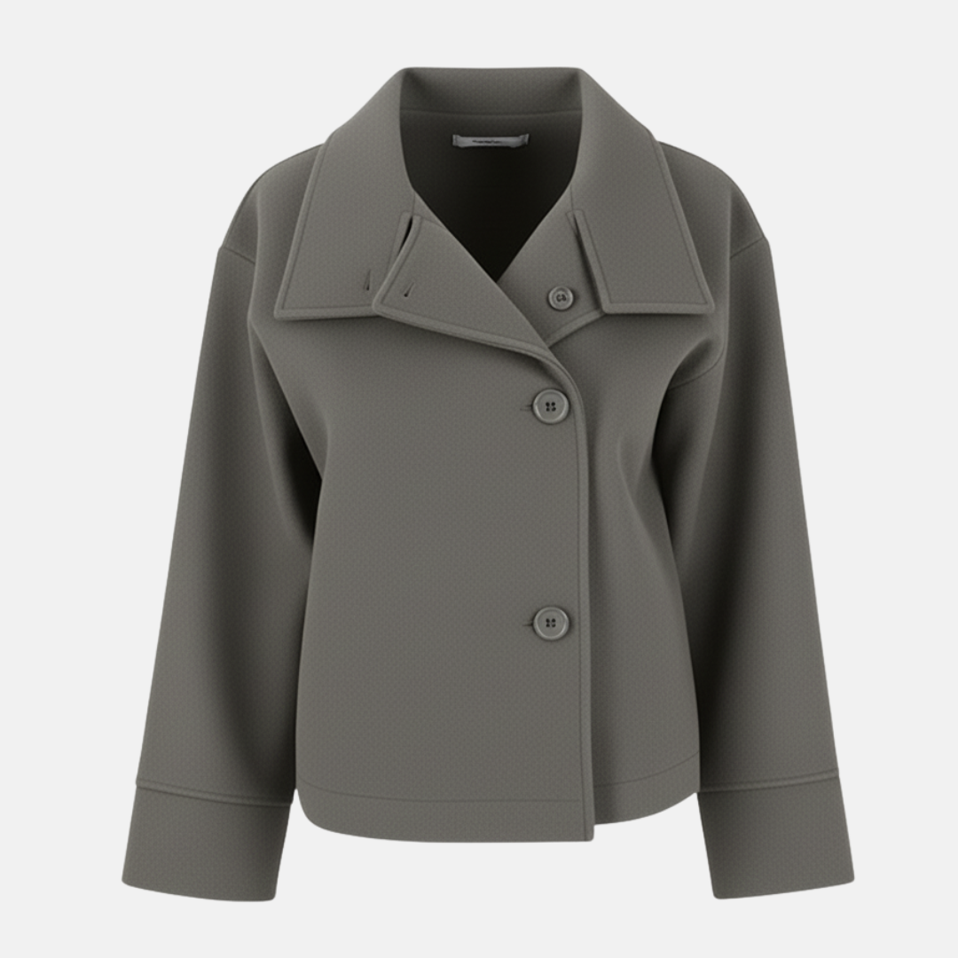 Ladies Coat – Oversized Fit – Woolly – Long Sleeves – Stand-up Collar – Asymmetrical Closure