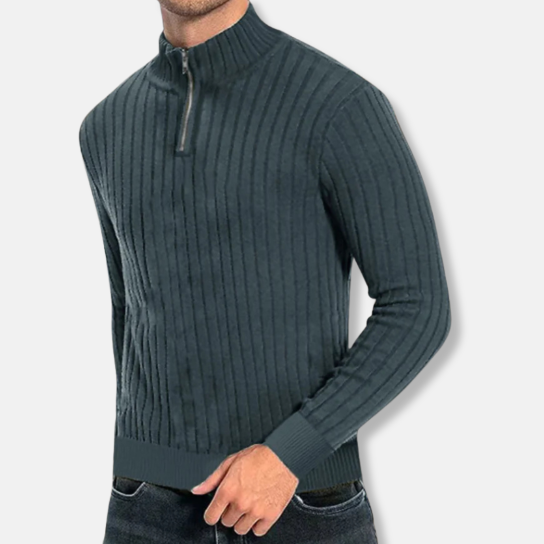 Men's Sweatshirt – Regular Fit – Ribbed Cotton – Mock Neck with Zipper – Long Sleeves