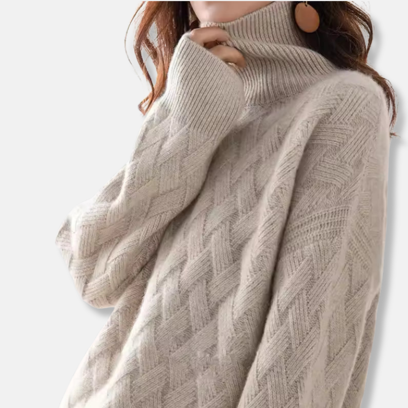 Women's Sweater - Knitted Fabric - Oversized Loose Fit - Ribbed Roll Neck