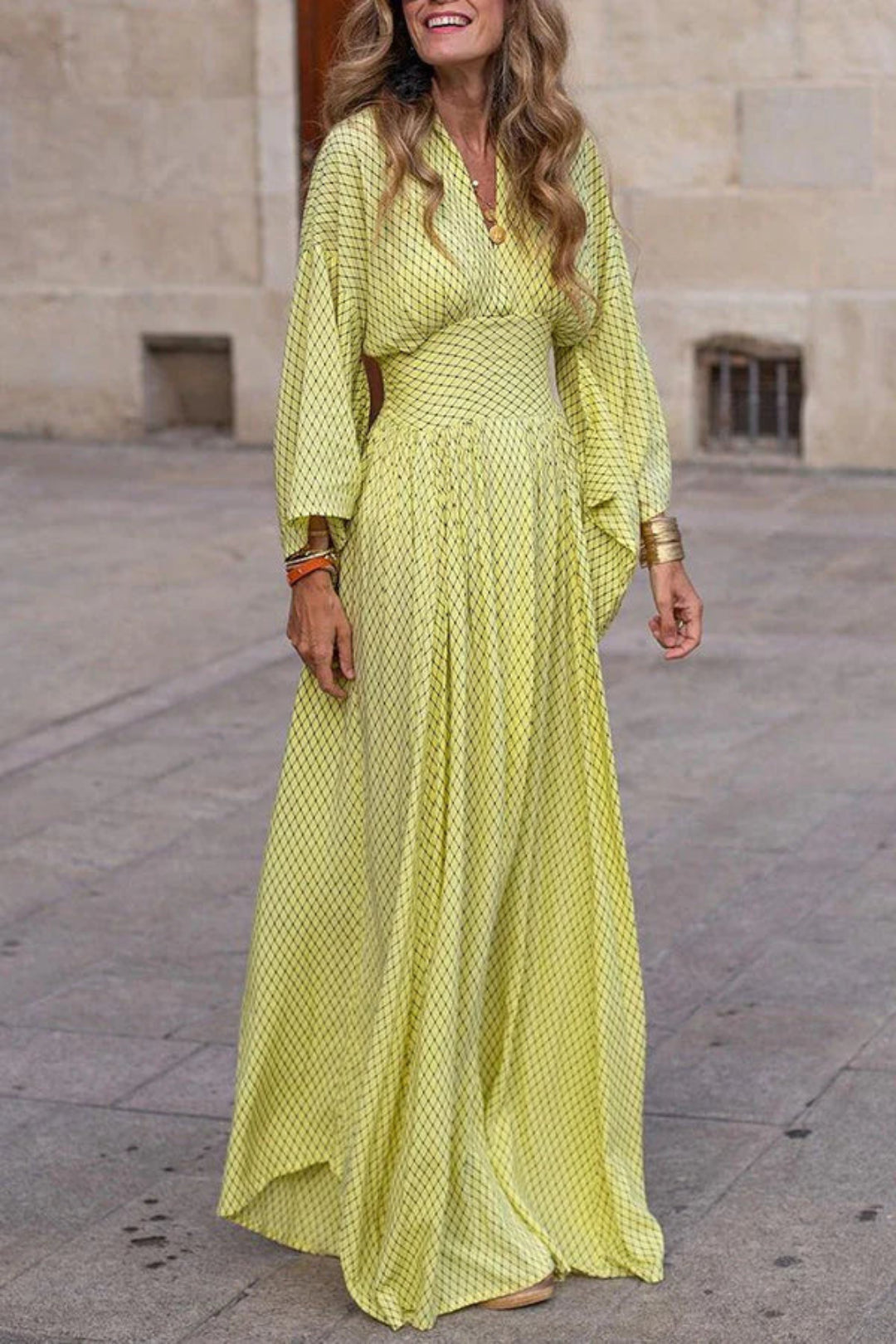Maxi Dress with Geometric Print, V-Neck and Long Sleeves