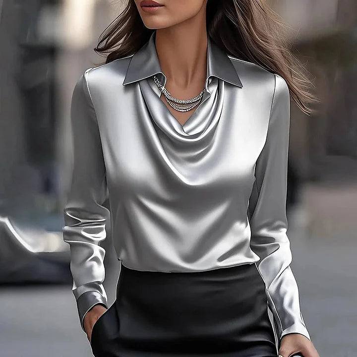 Elegant satin blouse with draped neckline for women