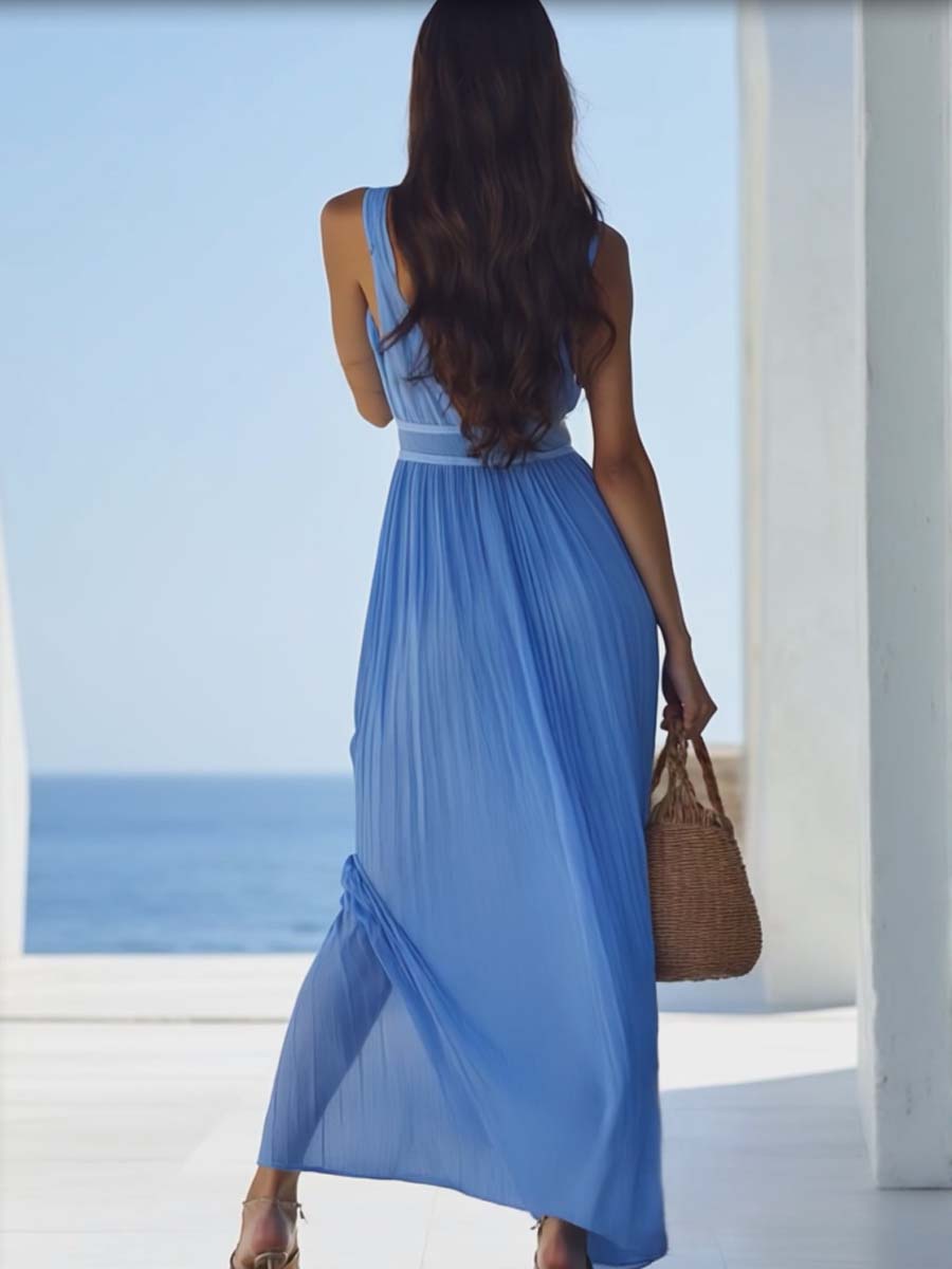 Bright and beautiful high-quality chiffon light-blue maxi dress for women