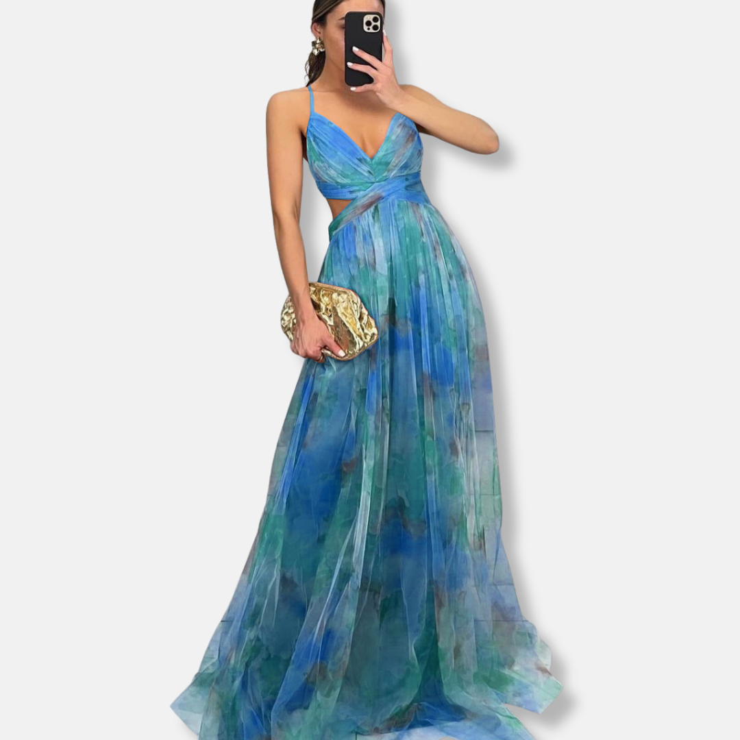 Evening dress for women - Flowing silhouette - V-neck - Bold floral motif