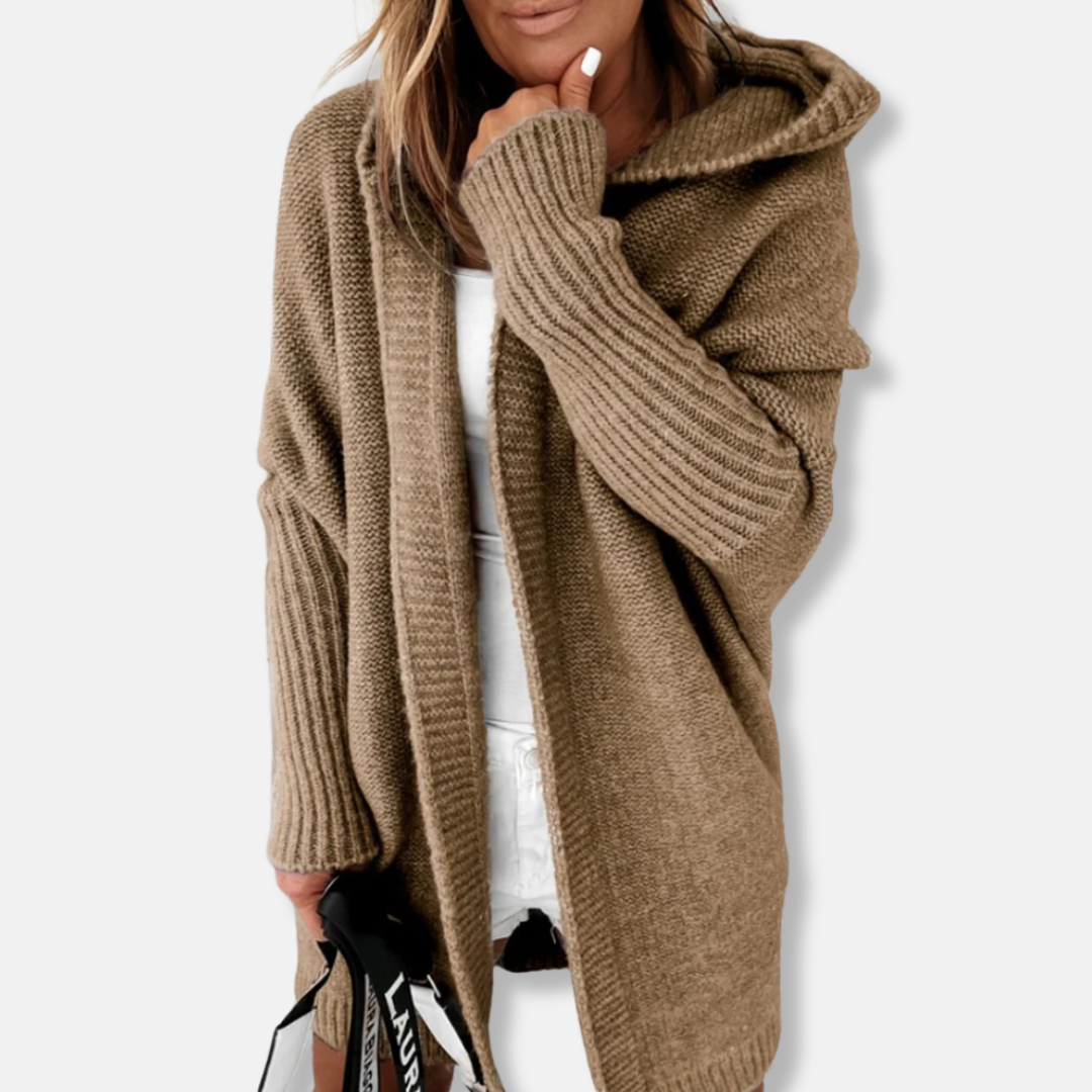 Women's Cardigan With Hood - Soft Knit - Loose Fit - Long Sleeve - Ribbed Edges