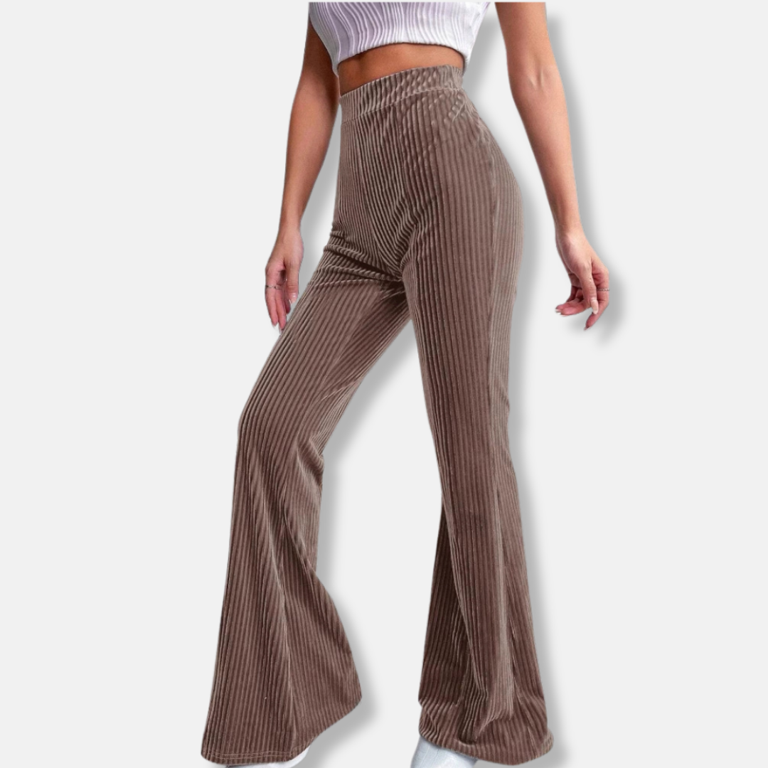 Women's Flared Pants – High Waist – Ribbed Texture – Elastic Pull-On Fit