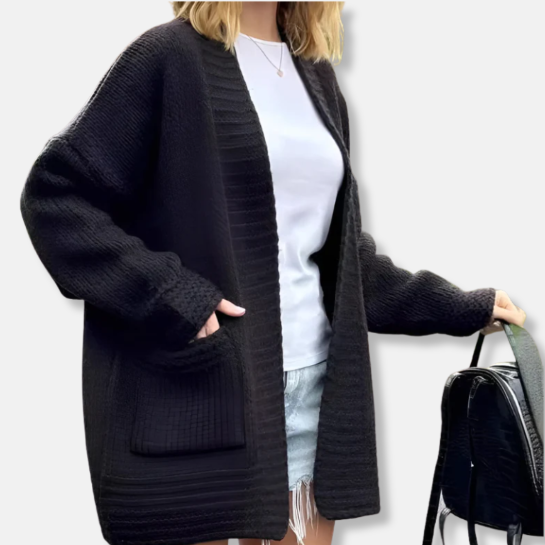 Ladies Cardigan Long Model – Knitted Fabric – Oversized Fit – Open Front with Pockets