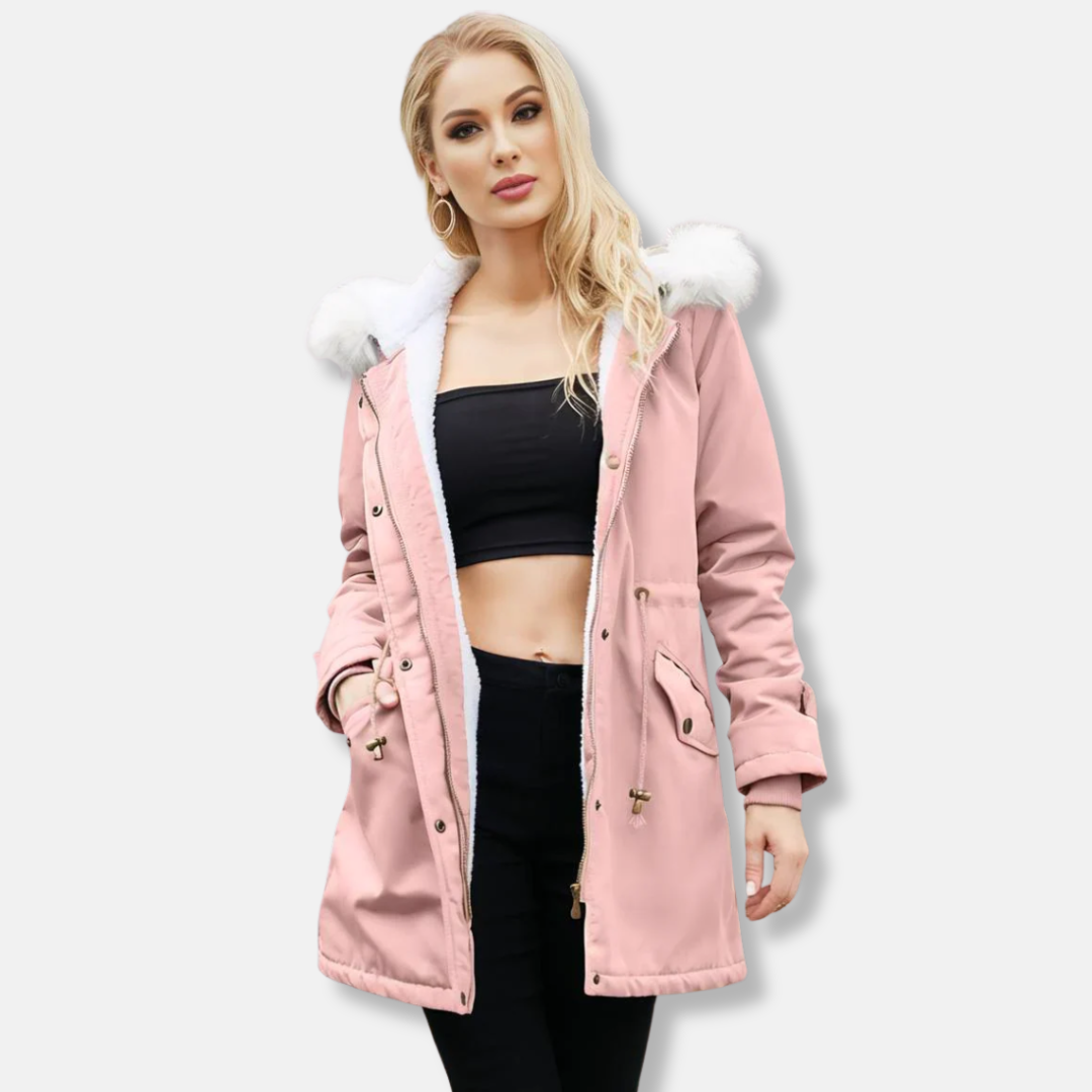 Ladies parka coat – Relaxed fit – Adjustable waist – Detachable faux-fur collar – Lined – Mid-length