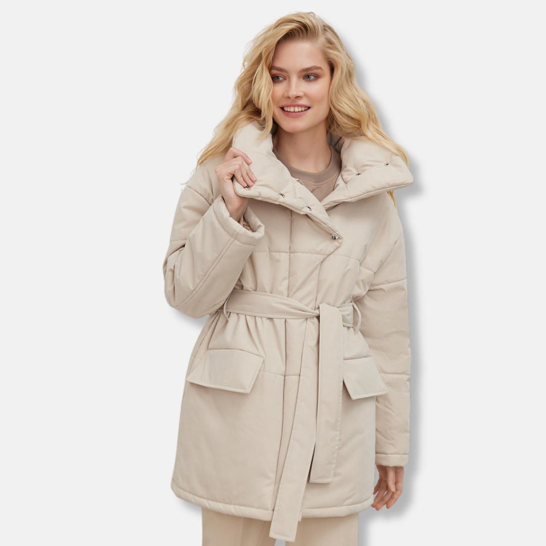 Women's Down Jacket - Woven Fabric - Oversized - Stand Up Collar - Waistband