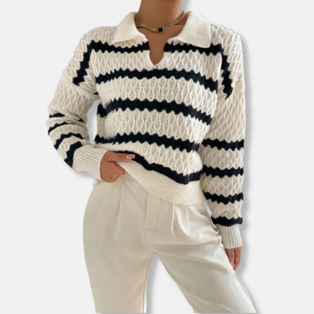 Women's Sweater - Knitted Fabric - Polo Collar - Comfortable Fit - Cropped Length