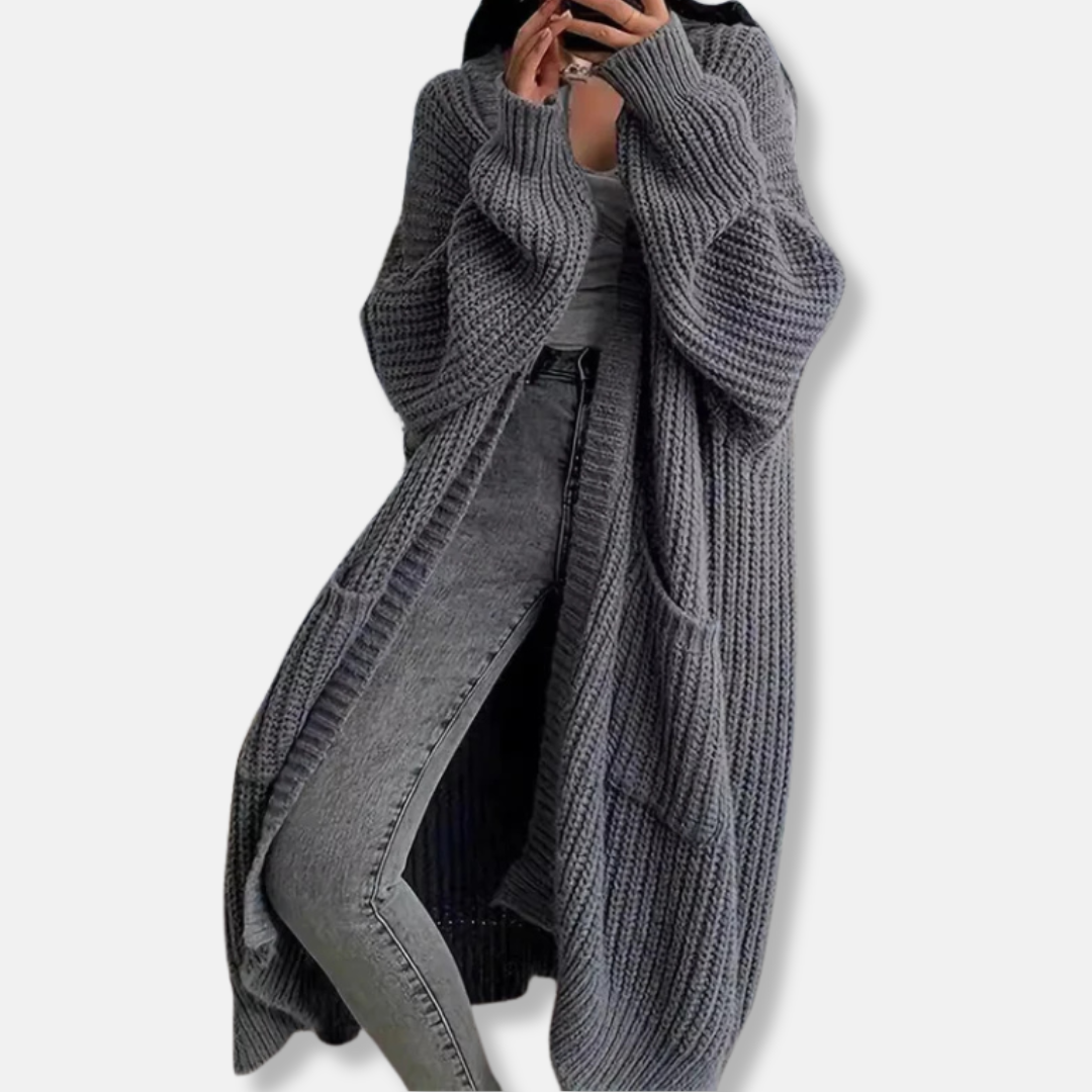 Women's long cardigan – Oversized fit – Chunky ribbed knit – Open front with pockets