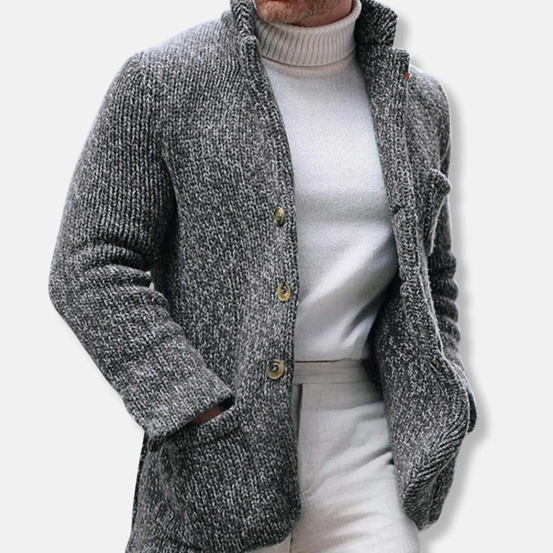 Men's Cardigan – Knitted Wool – Regular Fit – Stand-Up Collar – Patch Pockets