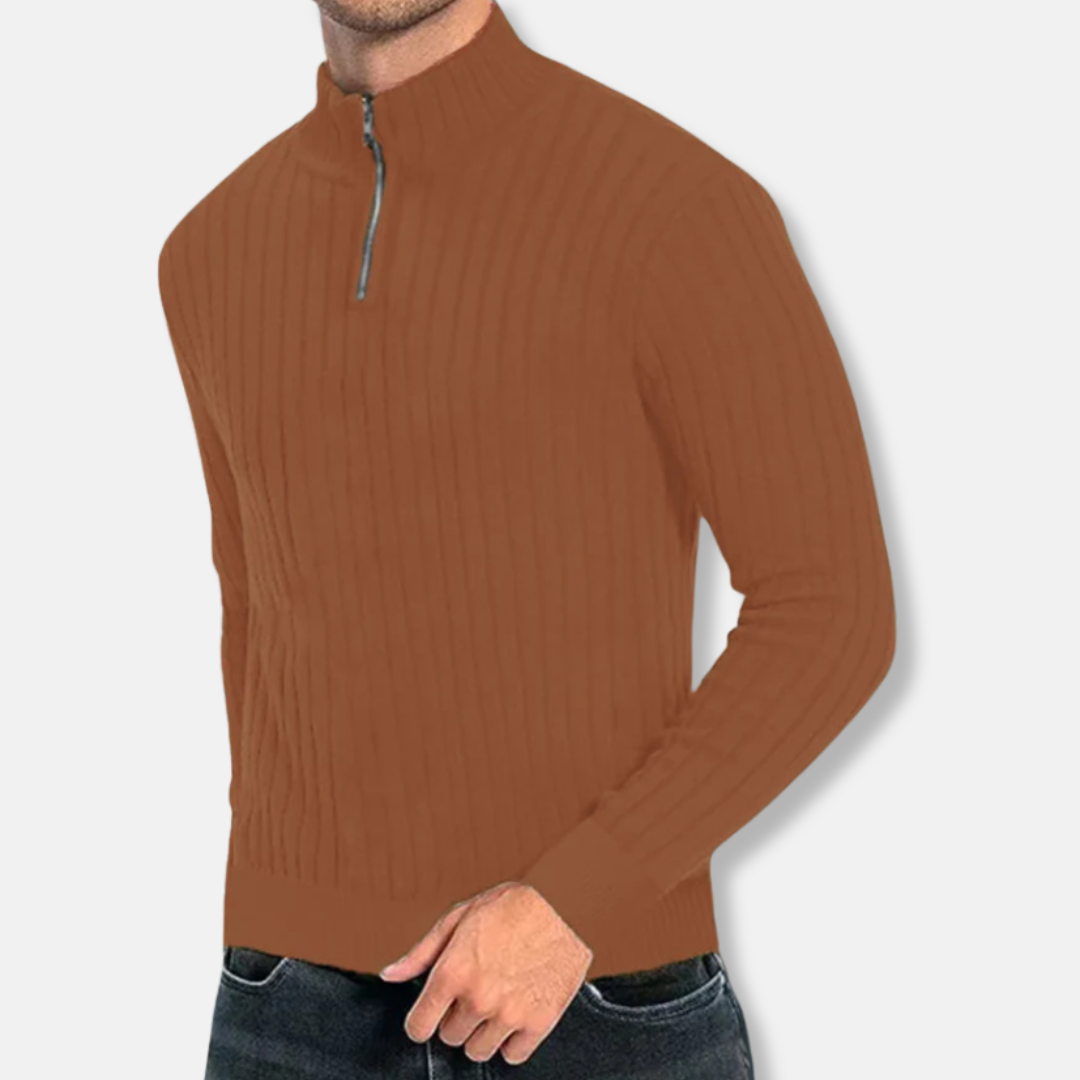 Men's Sweatshirt – Regular Fit – Ribbed Cotton – Mock Neck with Zipper – Long Sleeves