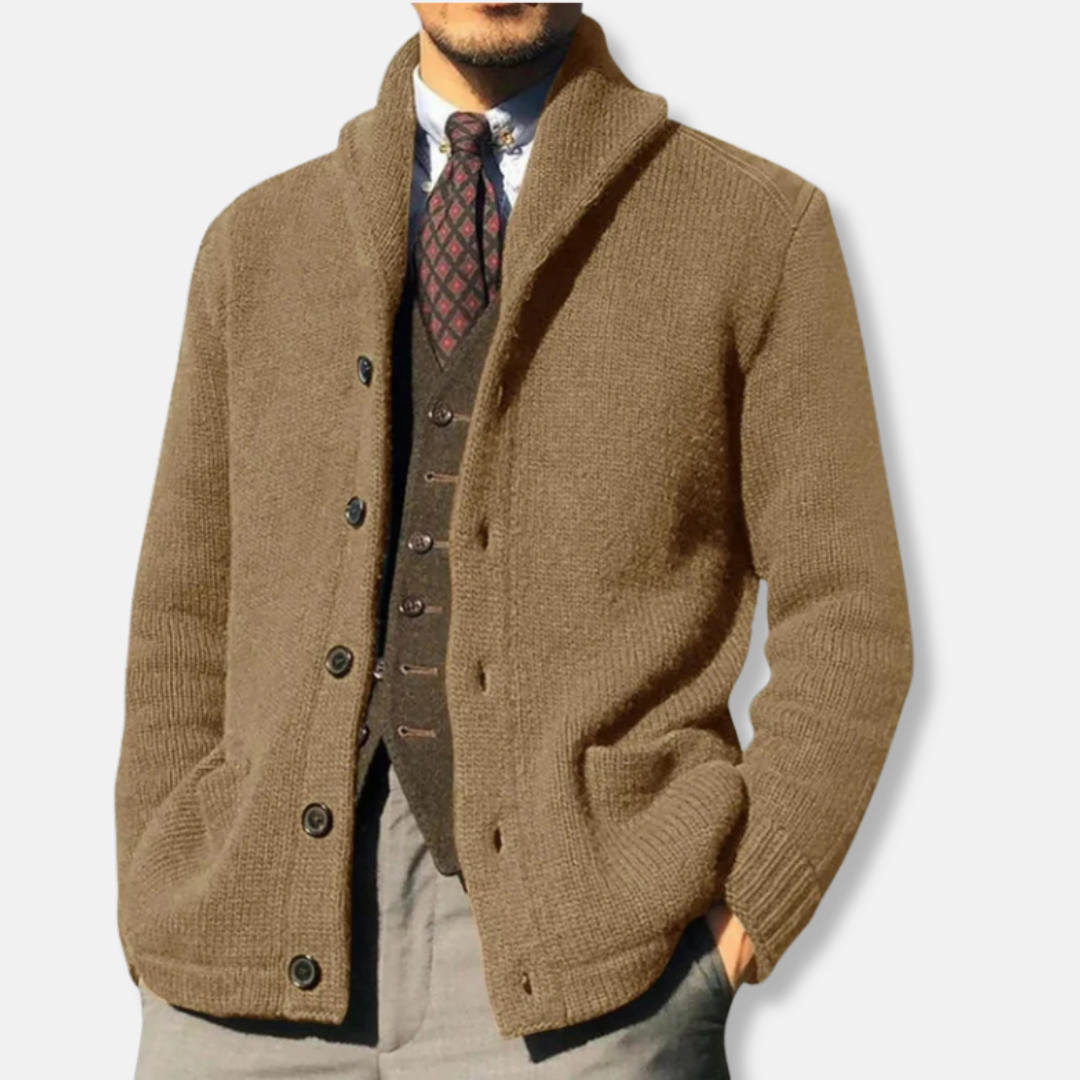 Men's Cardigan – Regular Fit – Knitted – Shawl Collar – Buttons – Ribbed Cuffs – Side Pockets