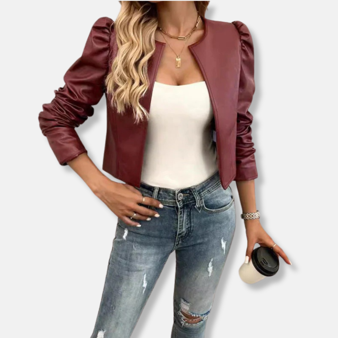 Ladies Blazer - Woven Fabric - Cropped - Collarless Neck - Puff Sleeves