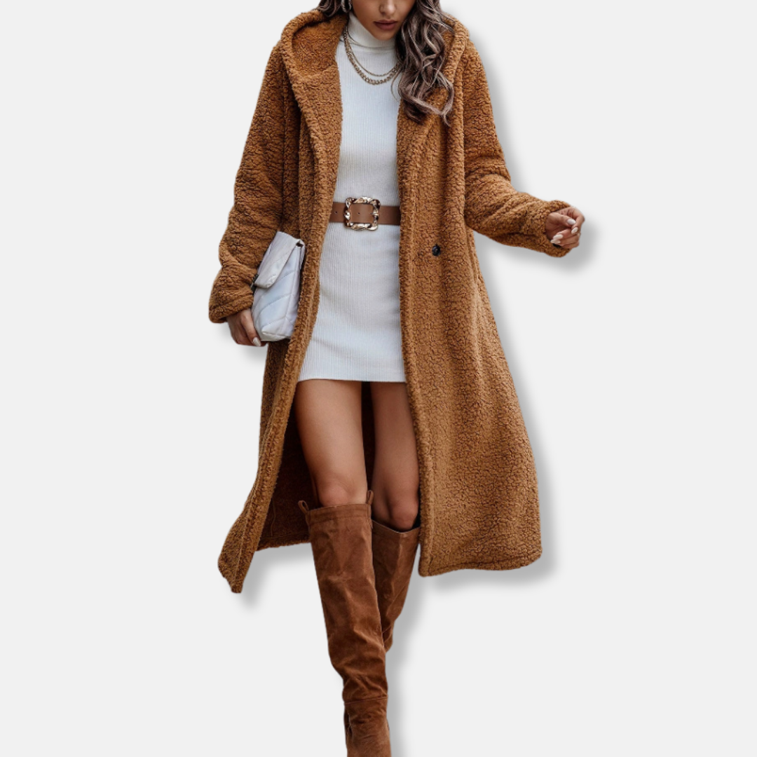 Women's Long Coat – Relaxed Fit – Soft Texture – Hood – Notched Collar – 2-Button Closure