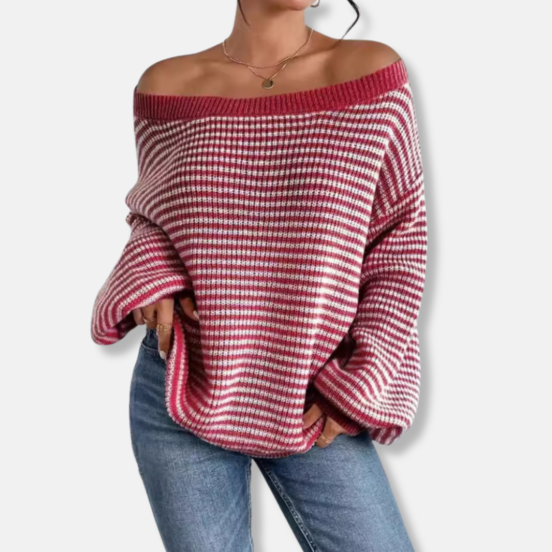 Women's Knitted Sweater – Loose Fit – Boat Neck – Lantern Sleeves – Striped Texture Design