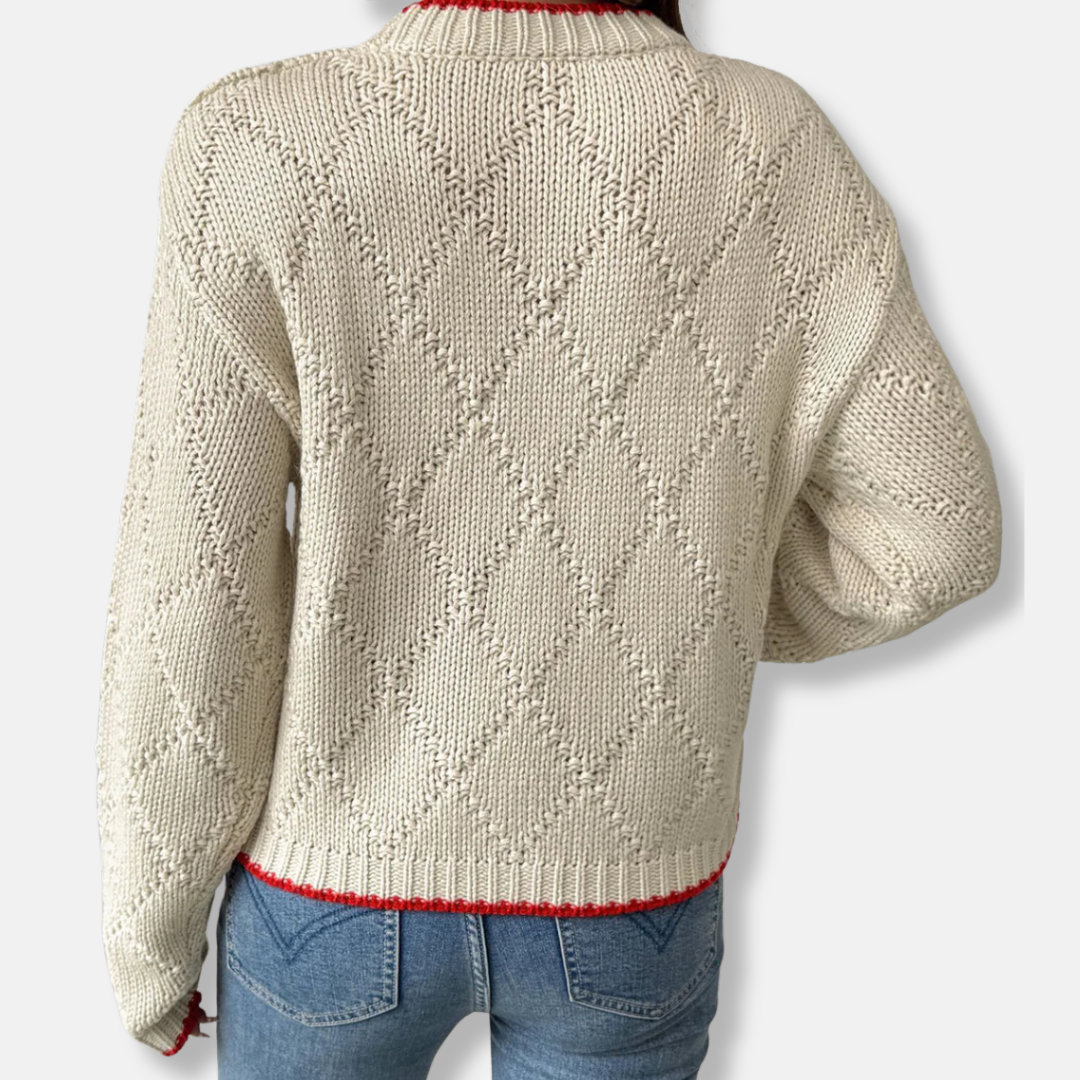 Women's Sweater – Relaxed Fit – Wool Blend – Diamond Pattern – Contrasting Trims