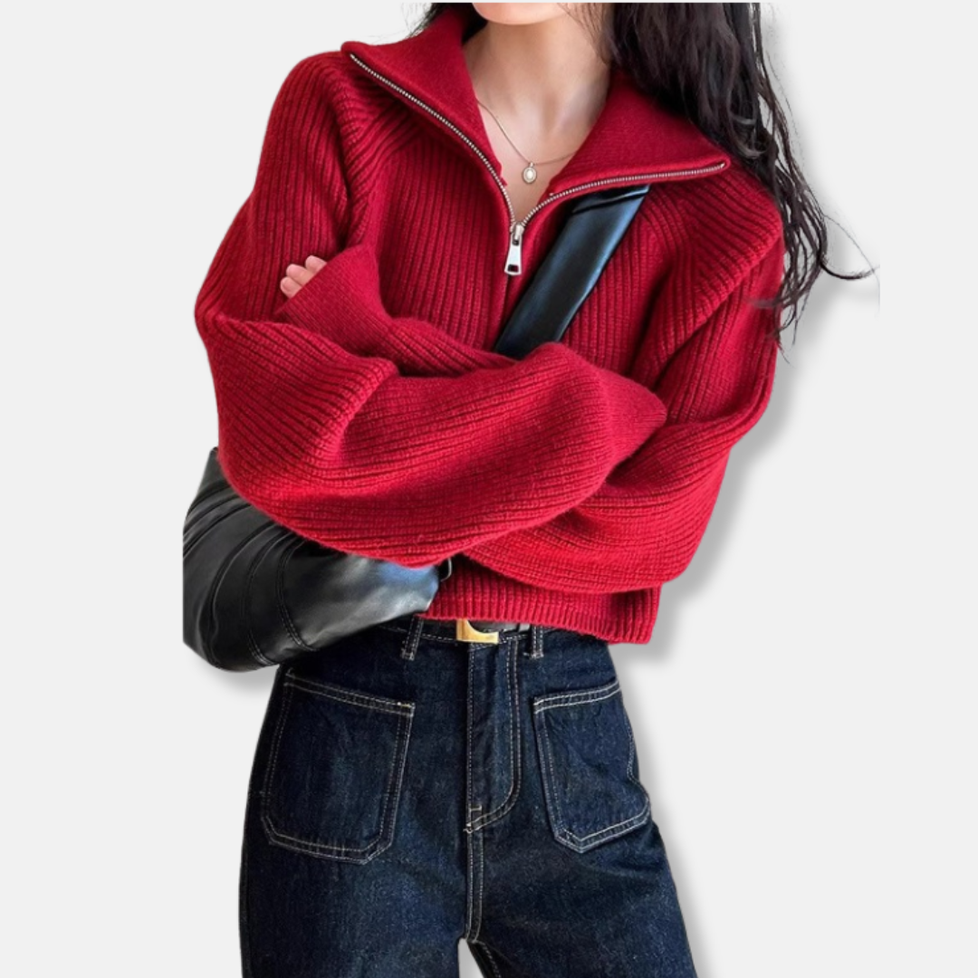 Ladies Pullover Sweater - Ribbed Knit - Cropped - Roll Neck - Long Sleeves