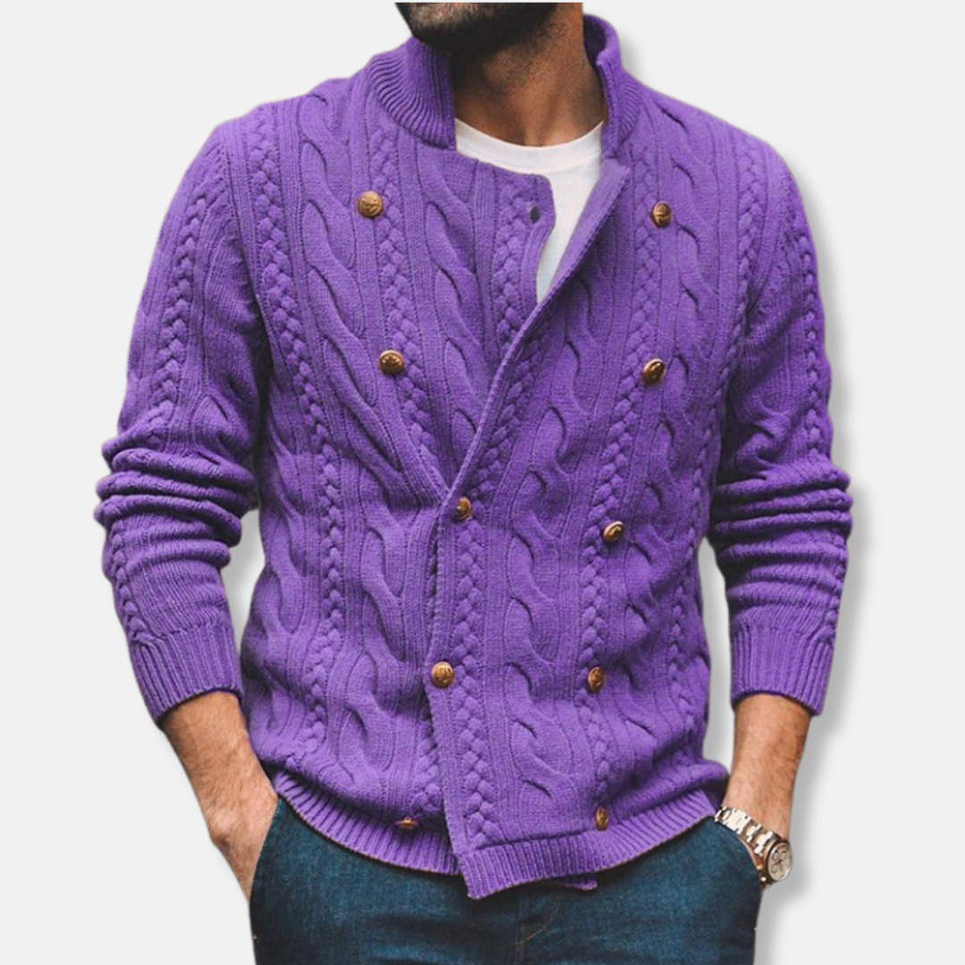 Men's Cardigan – Wool Knit – Cable Pattern – Double Row Button Closure – Ribbed Edges