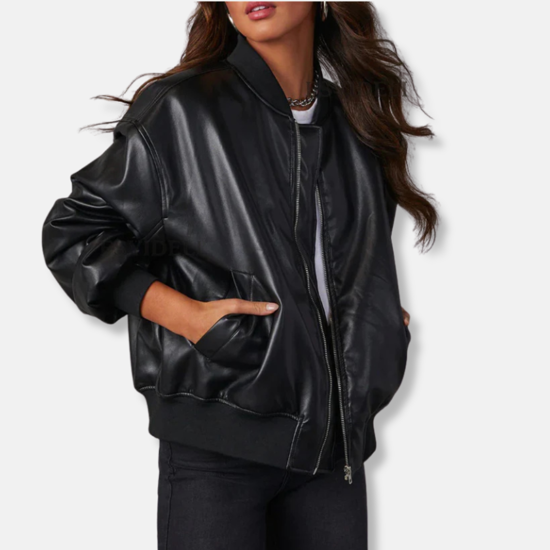 Women's leather bomber jacket – Oversized fit – Ribbed trims – Front zip fastening