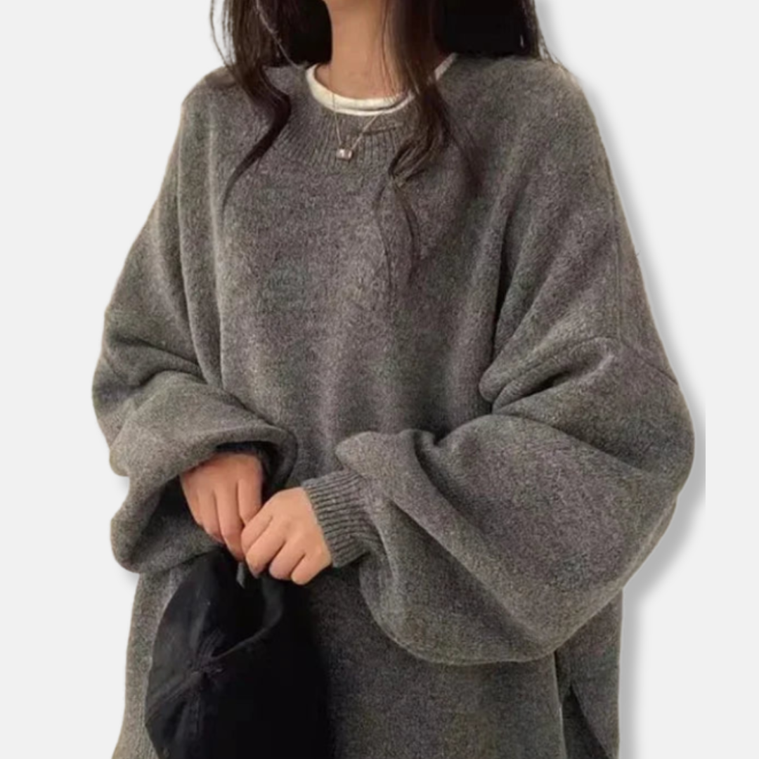 Women's Sweater – Oversized Fit – Balloon Sleeves – Round Neck – Side Slits