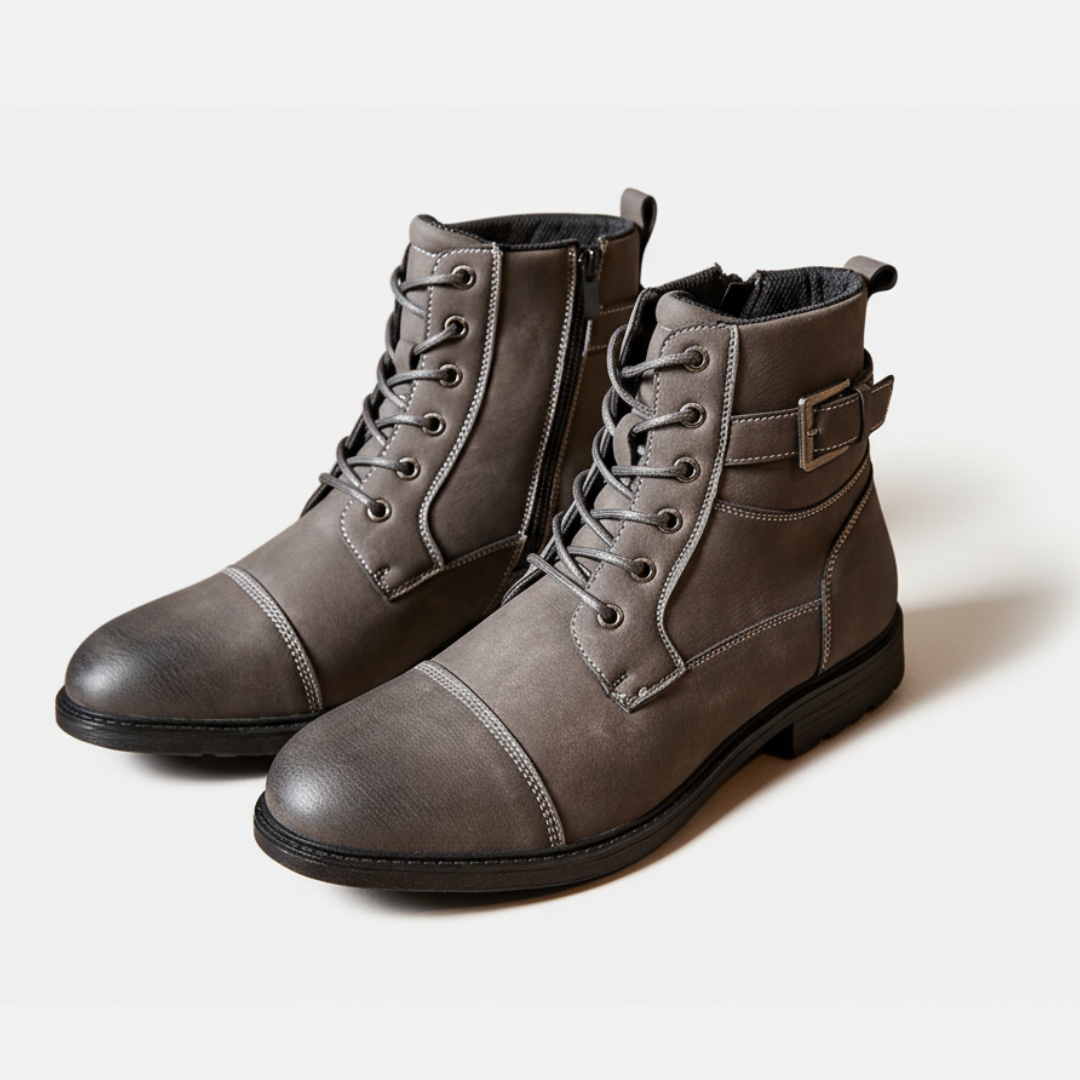Men's Boots - Synthetic Leather - Ankle-High - Lace Closure With Zipper