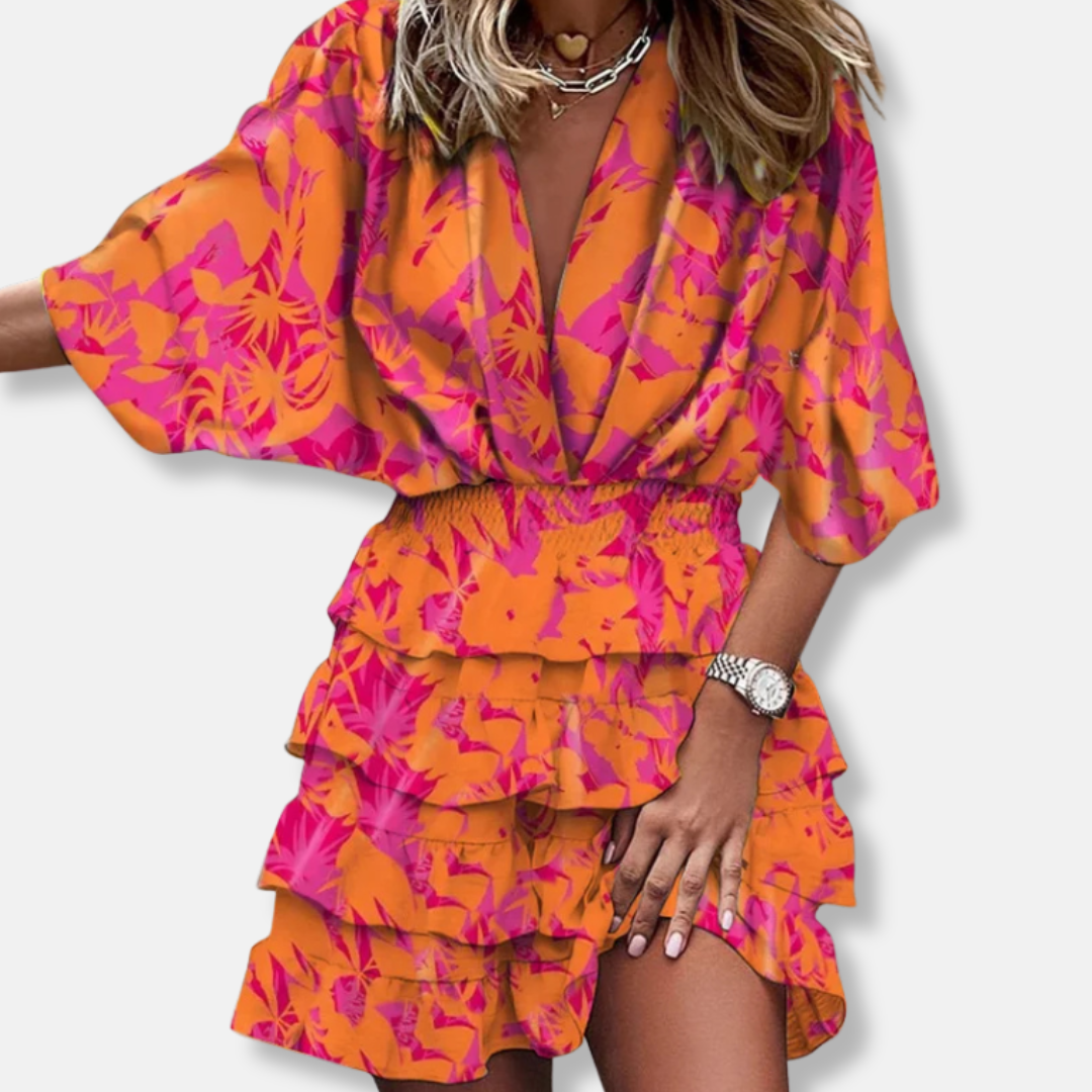 Printed Midi Dress with Ruffled Skirt for Women