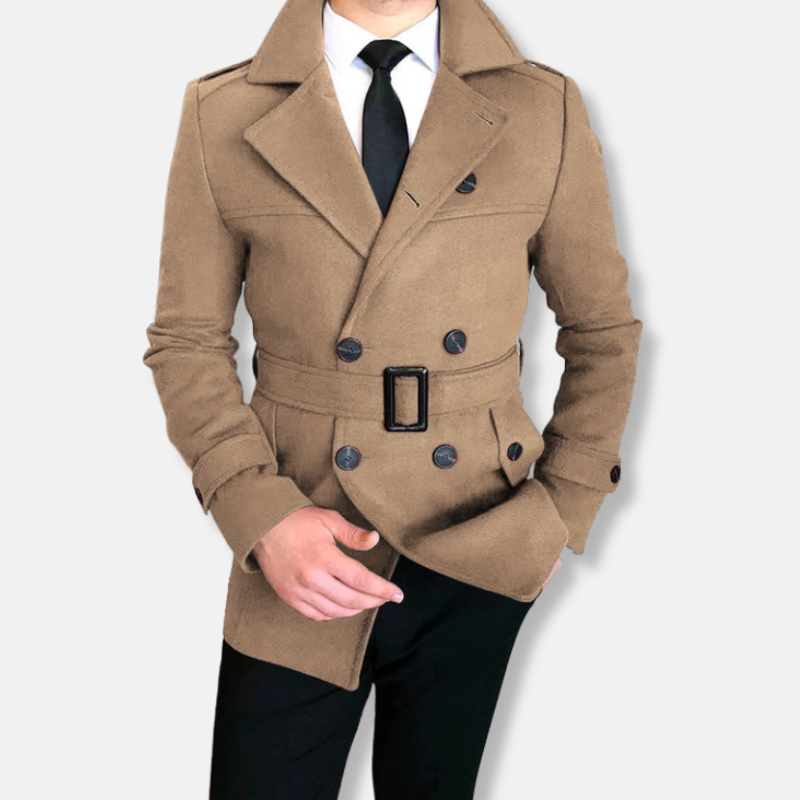 Men's Coat – Wool Mix – Tailored Fit – Double-Button Closure – Waist Belt