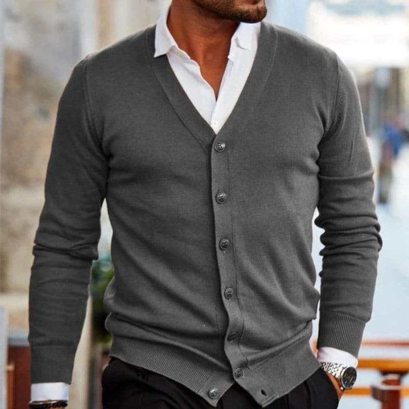 Men's Knitted Cardigan – V-neck – Cotton Blend – Regular Fit – Buttons – Ribbed Edges