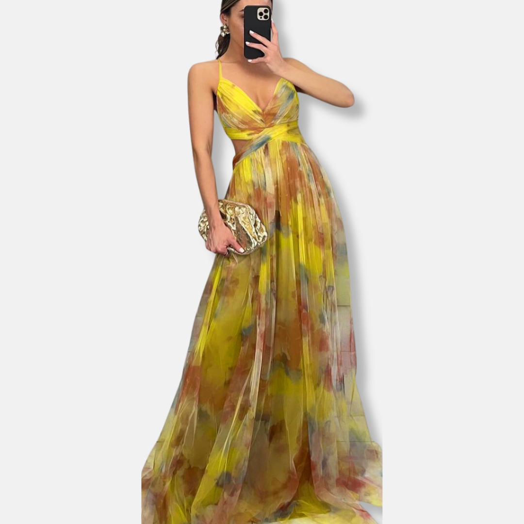 Evening dress for women - Flowing silhouette - V-neck - Bold floral motif