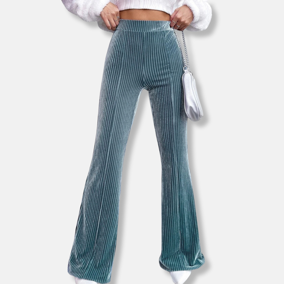 Women's Flared Pants – High Waist – Ribbed Texture – Elastic Pull-On Fit