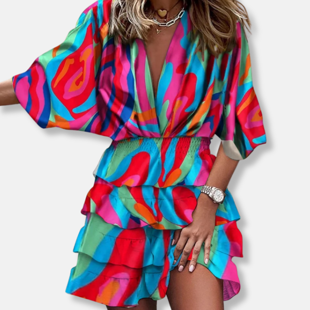 Printed Midi Dress with Ruffled Skirt for Women