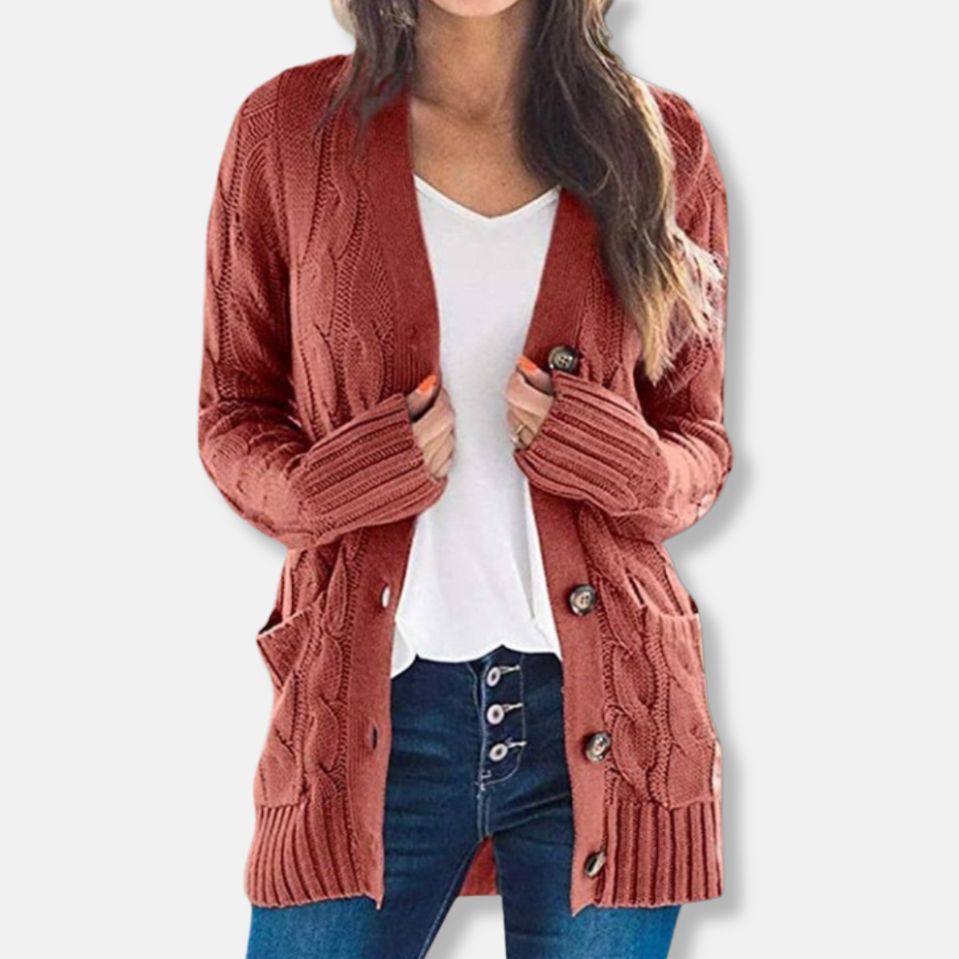 Women's cardigan – Wool knit – Relaxed fit – Mid-length – Button closure – Patch pockets