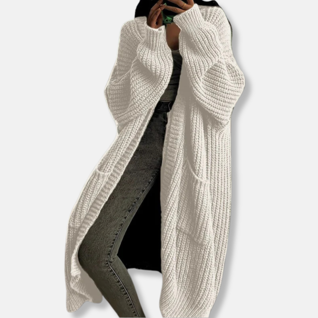Women's long cardigan – Oversized fit – Chunky ribbed knit – Open front with pockets