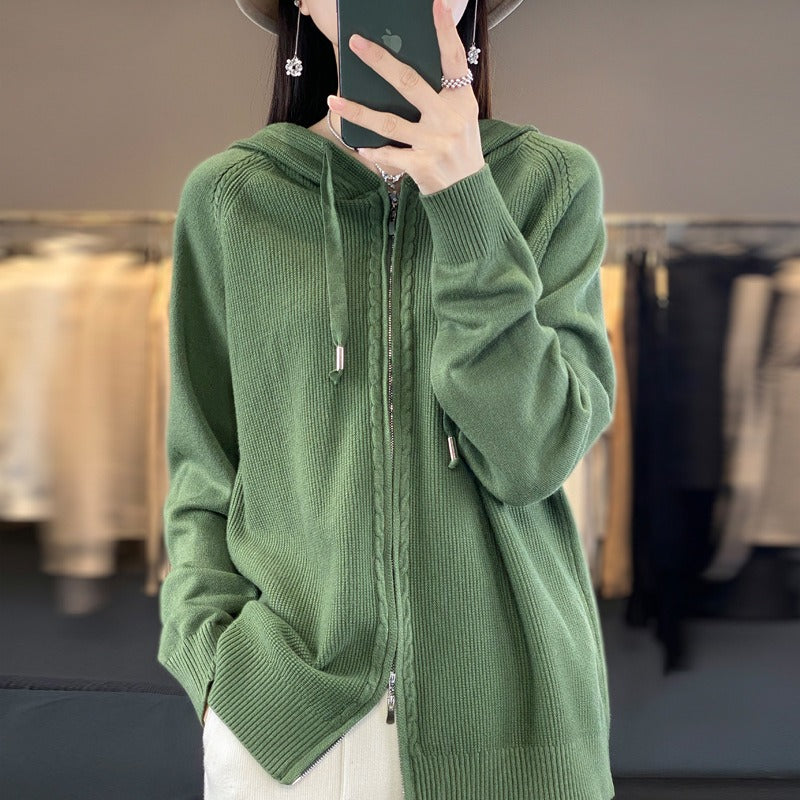 Women's Hoodie with Zipper – Relaxed Fit – Soft Knit – Hood with Drawstring – Cable Detail