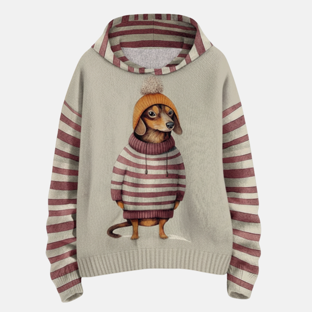 Women's hoodie – Relaxed fit – Cartoon dog print – Striped sleeves